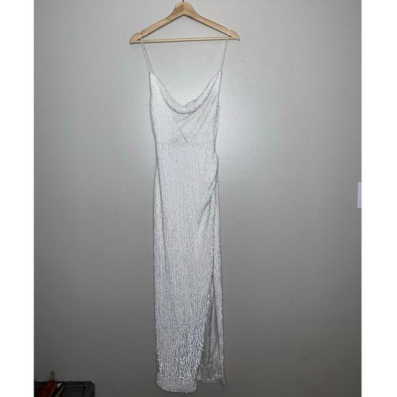 Retrofete NWT Katya Sequin Midi Dress Cowl Neck Moonglow White Slit Size XS - Picture 2 of 9